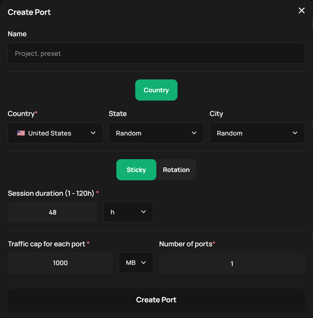 Create Port form