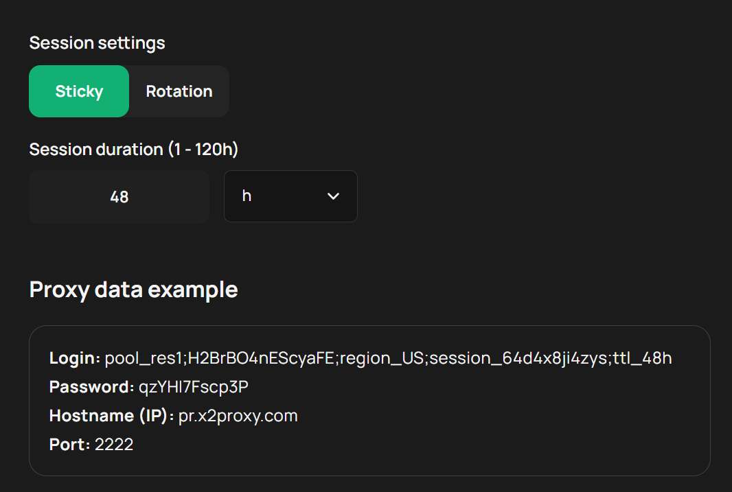 Session settings and proxy data example